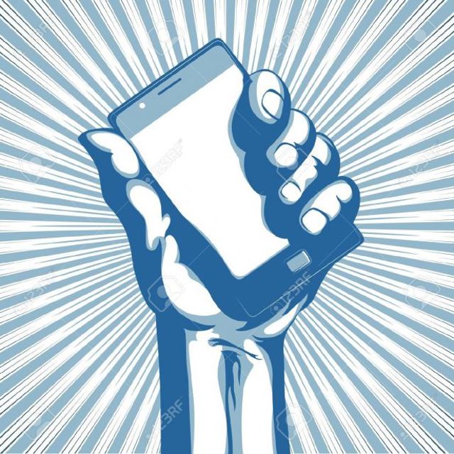 9931421 Vector illustration in retro style of a hand holding a cool modern cell phone Stock Vector 77b15