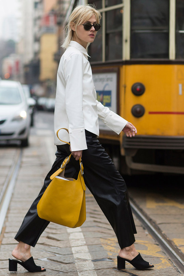 01 mules white top black pants mustard bag street style 3785a 01 mules white top black pants mustard bag street style 3785a