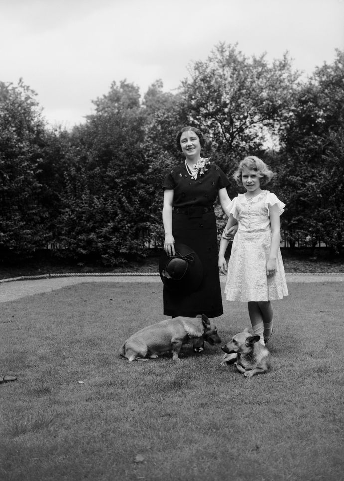  

Malá princezna Alžběta v červnu roku 1936 v obklopení psů plemene Pembroke Welsh Corgi.
