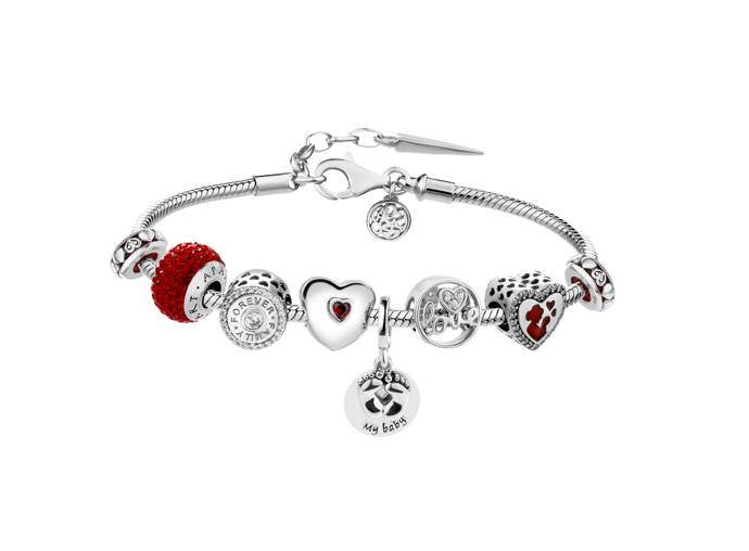 Stříbrný náramek beads - sada - srdce, láska, máma, dítě, chodidla

