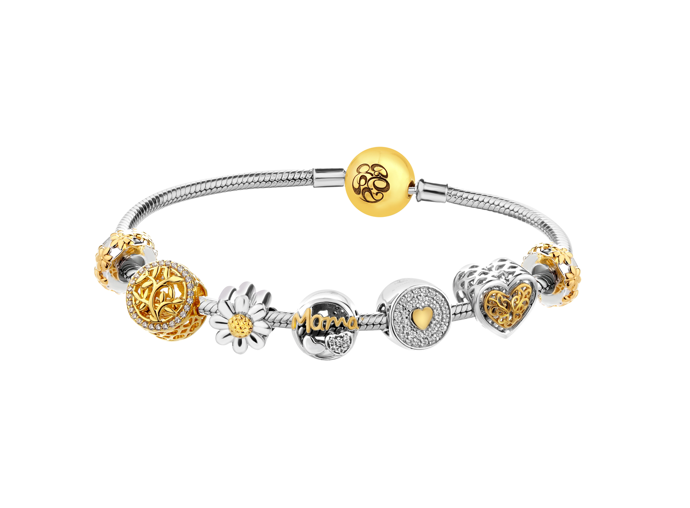 Stříbrný náramek beads - sada - srdce, máma, květ, strom
