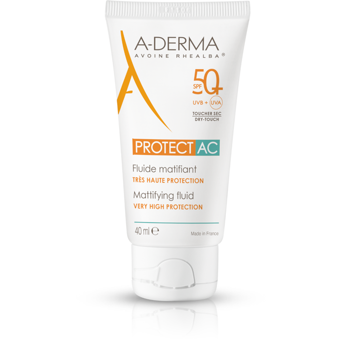 A-derma Protect Ac Spf50+ je voděodolný zmatňující fluid vhodný pro mastnou pleť se sklonem k akné, 449 Kč, k dostání na e-shopu Chytrá lékárna
