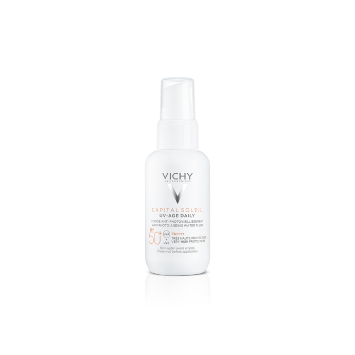 Vichy Capital Soleil Uv-age Spf50+ je denní krém s UV ochranou a anti-age učinky, 359 Kč, k dostání na e-shopu Chytrá lékárna
