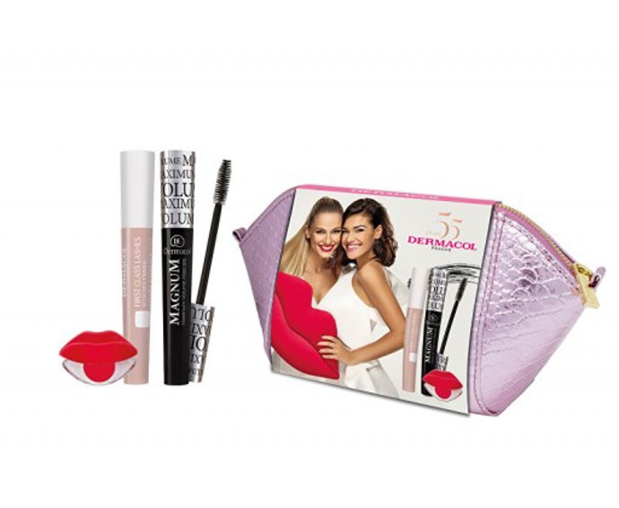 Dermacol dárková sada kosmetické taštičky, řasenky Magnum, podkladové báze pod řasenku First Class Lashes a multlíčidla na rty a tváře Lip & Cheek v klasickém červeném odstínu 03, 420 Kč, kupte na www.drogeo.cz
