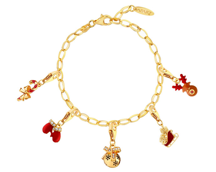 Pozlacený stříbrný náramek charms - sada - rukavice, saně, dárky, sob, vánoční baňka, mašle, Vánoce
