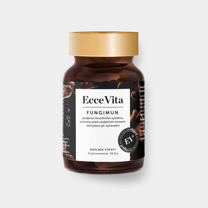 Fungimun, směs extraktů a prášku z medicinálních hub s vitamíny a zinkem pro podporu imunitního systému, ochranu před oxidativním stresem a pro stimulaci těla při vyčerpání, prodává Ecce Vita.
