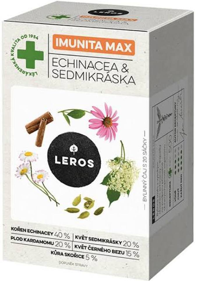 Bylinný čaj Imunita Max, bylinná směs s vysokým obsahem echinacey (třapatky) na podporu přirozené obranyschopnosti organismu, prodává Leros.
