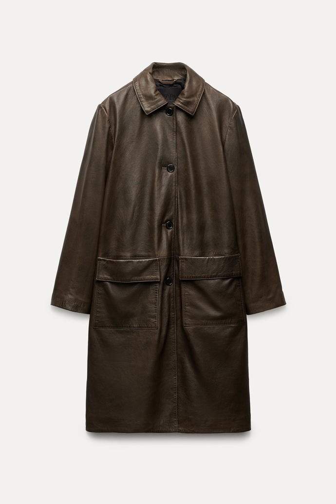 Dlouhý kabát s kapsami ZW Leather collection, Zara
