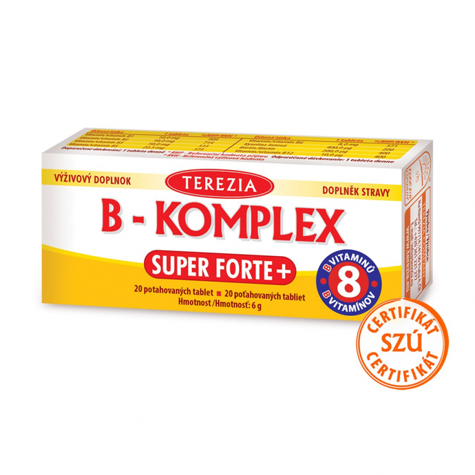 B-KOMPLEX SUPER FORTE+ 20 TABLET, prodává Terezia

Každá tableta obsahuje všech 8 vitaminů skupiny B, tedy vitaminy B1, B2, B3, B5, B6, B7, B9 a B12 ve vysokých dávkách. Společně tyto vitaminy podporují energetický metabolismus, činnost nervové soustavy a také přispívají k normálnímu stavu pokožky a sliznic. Jsou doporučovány lidem pod velkou psychickou zátěží.
