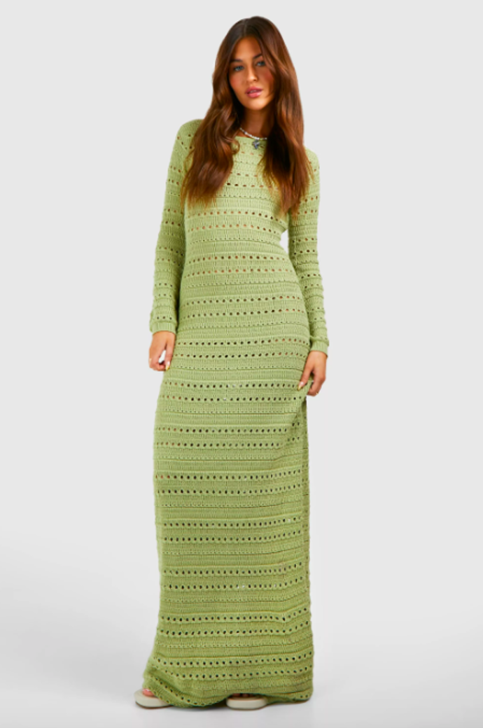  

Crochet Flare Sleeve Tie Back Knitted Maxi Dress, 700 Kč, prodává Boohoo.com
