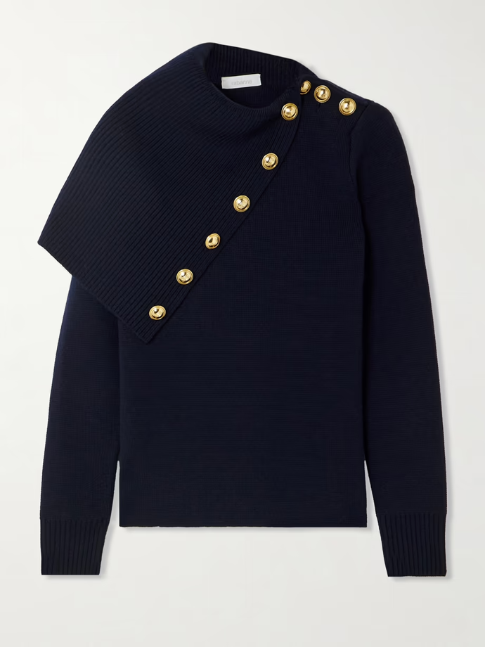 Asymetrický merino svetr, Rabanne, 17 859 Kč, prodává Net-a-porter