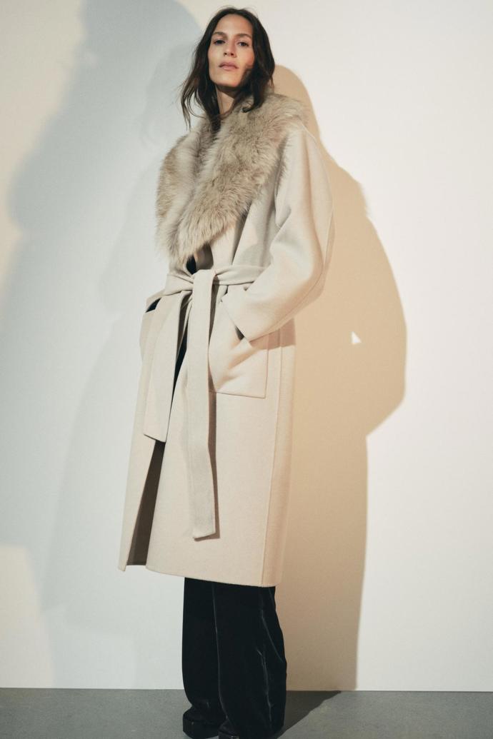 Kabát z vlněné směsi s umělou kožešinou, Zara, 3 599 Kč