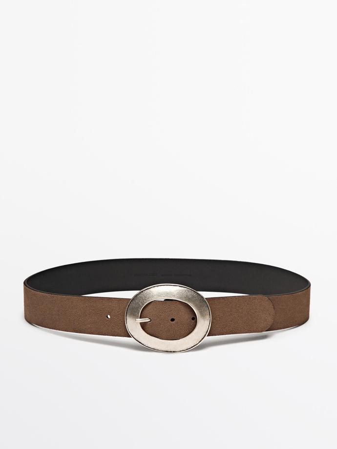 Pásek ze štípaného semiše a kůže s oválnou přezkou, Massimo Dutti, 1 599 Kč