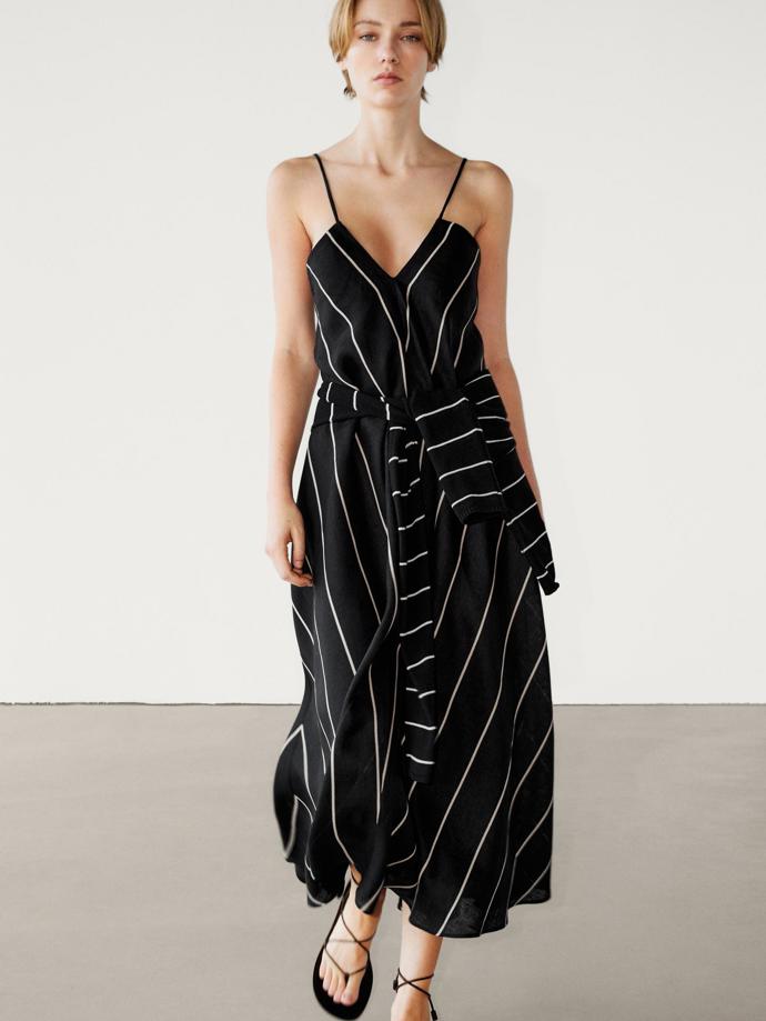 Midi šaty ze 100% lnu s kontrastními proužky, Massimo Dutti, 1 299 Kč