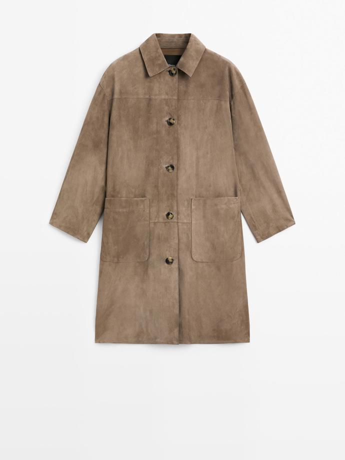 Semišový kožený trenčkot, Massimo Dutti, 12 999 Kč