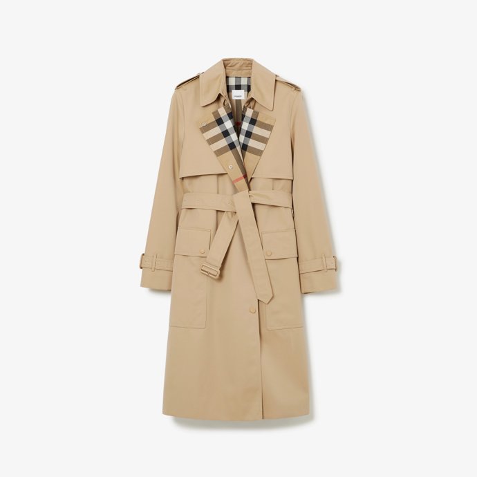 Dlouhý gabardinový trenčkot s kostkovanými klopami, Burberry, 55 000 Kč