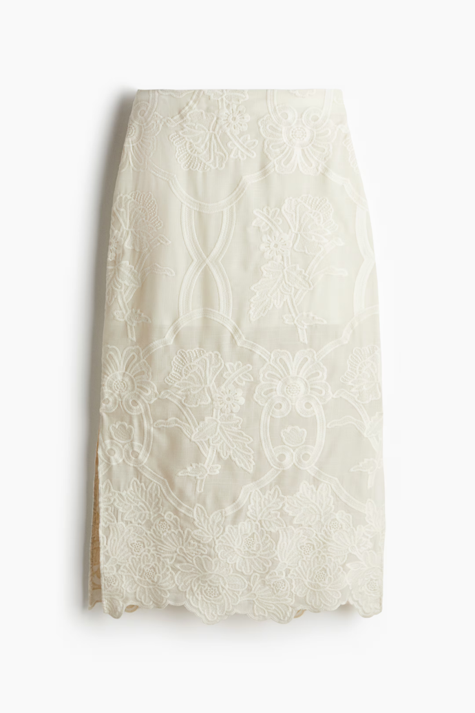 Vyšívaná pouzdrová sukně, H&M, 1 459 Kč