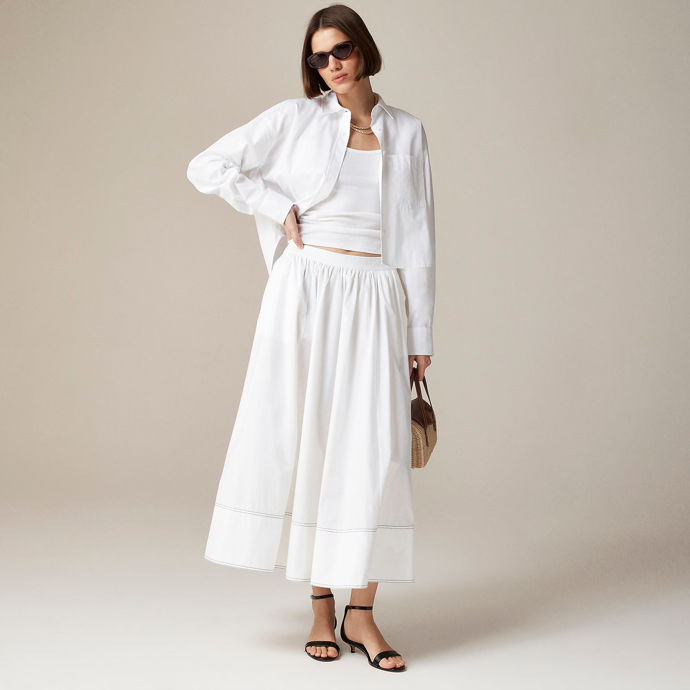 Midi sukně z bavlněného popelínu s kontrastním prošitím, J.Crew, 4 196 Kč