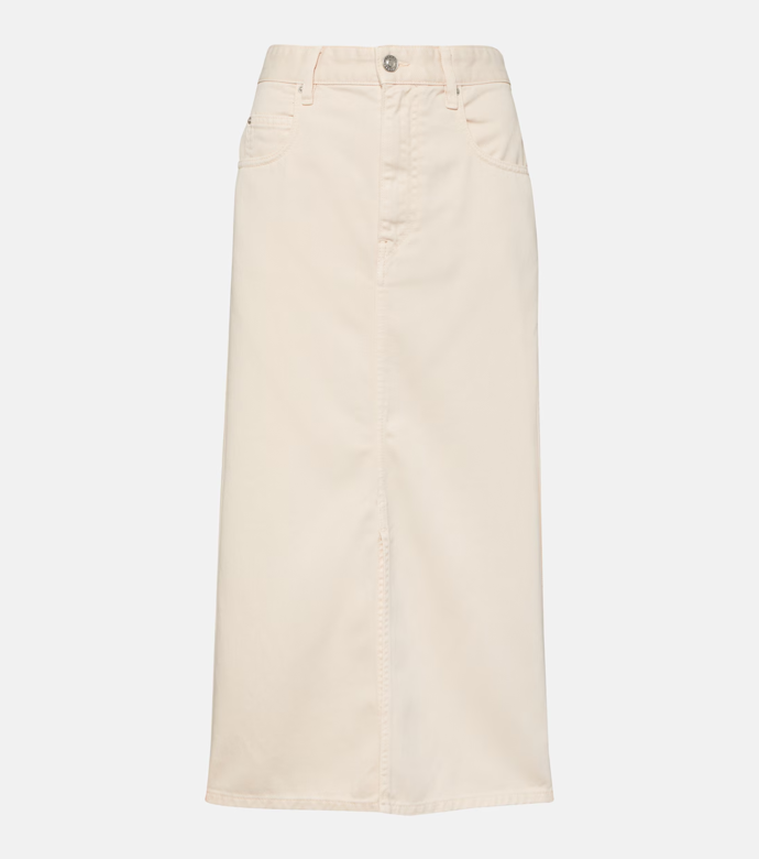 Bílá denim midi sukně Tilauria, Isabel Marant, MyTheresa, 4 364 Kč
