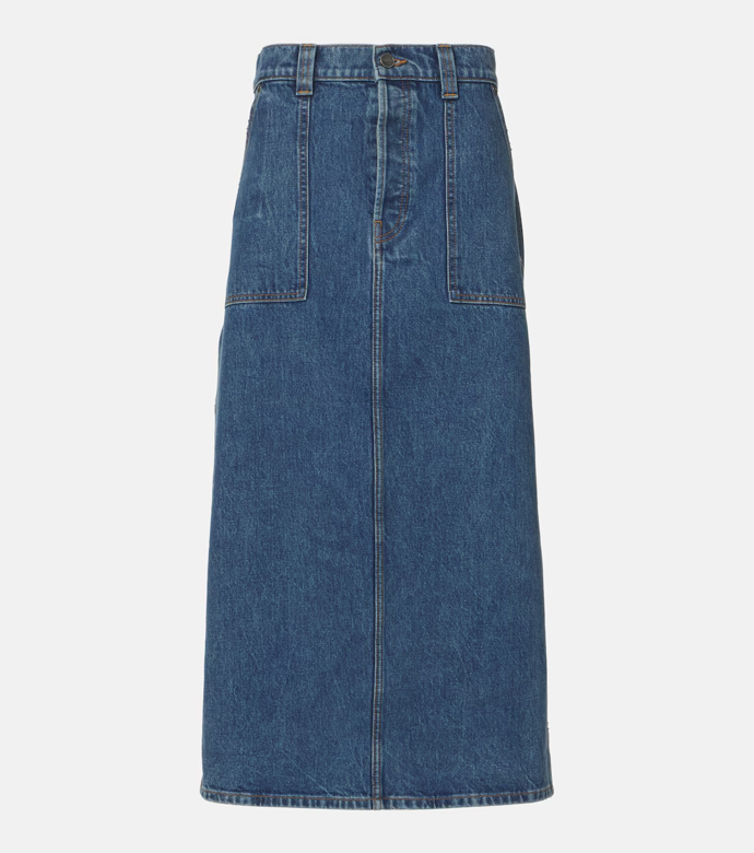 Denimová midi sukně Genevieve, Khaite, MyTheresa, 12 968 Kč