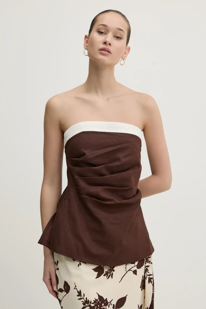 Lněný řasený dvoubarevný peplum top bez ramínek, Abercrombie & Fitch, Answear, 1399 Kč 