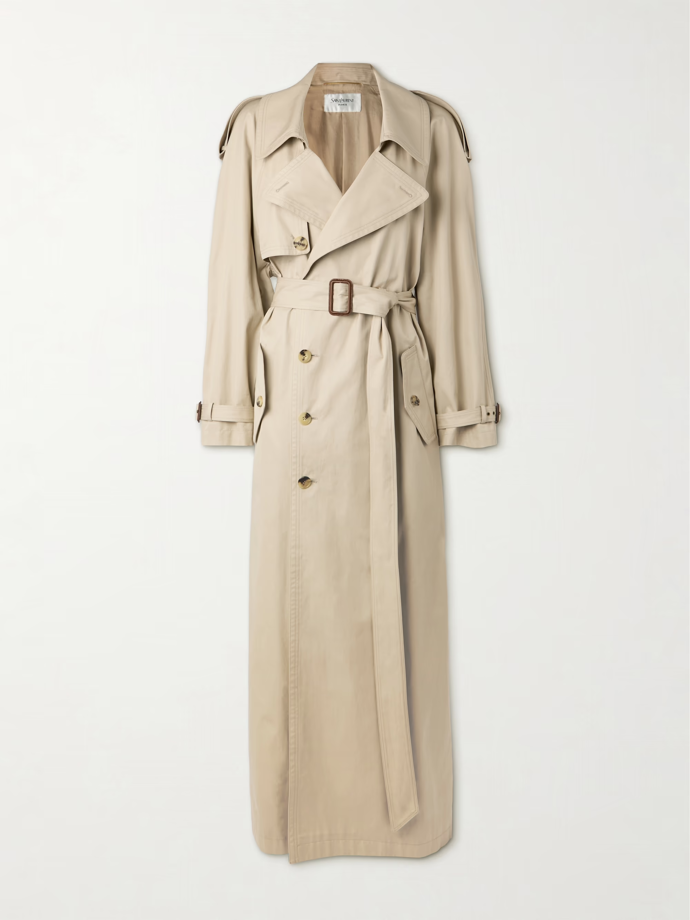 Dlouhý oversized trenčkot z bavlněného kepru s páskem, Saint Laurent, prodává Net-a-porter, 89 523 Kč