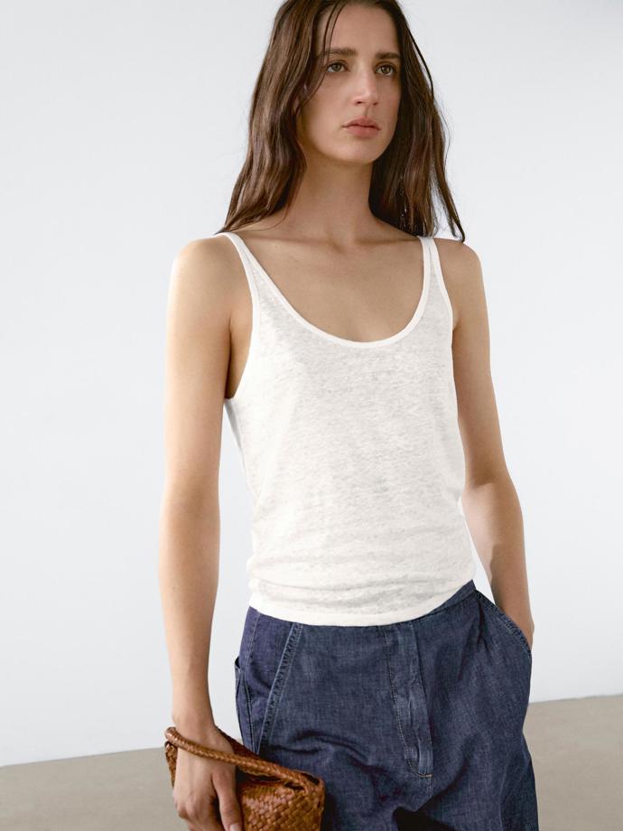 Lněný bílý průhledný tank top, Massimo Dutti, 899 Kč 