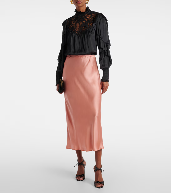 Hedvábná saténová midi sukně Ardith, RIXO, MyTheresa, € 260
