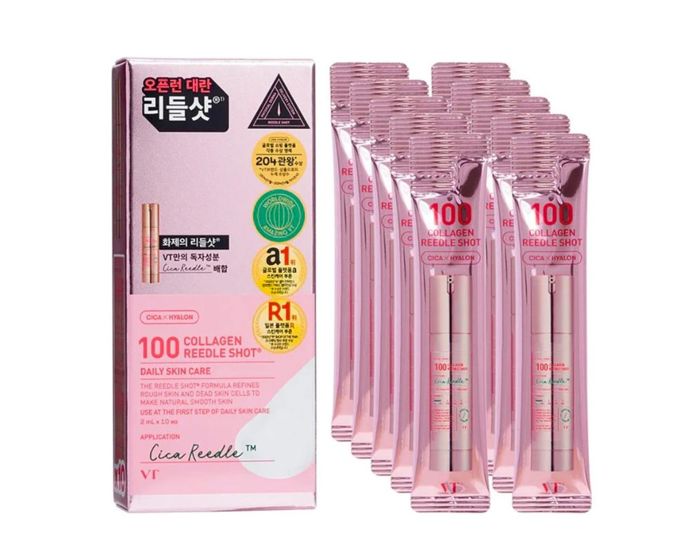 Collagen Reedle Shot 100, VT, Kosco.cz, 399 KčIntenzivní booster s technologií mikrojehliček a kolagenovou vodou pro pevnější, hladší a vitální pleť. Pomáhá stimulovat přirozenou regeneraci, vypíná kontury a bojuje proti známkám únavy. Obohaceno o Cica komplex a vitaminy – pro okamžitě svěžejší vzhled.