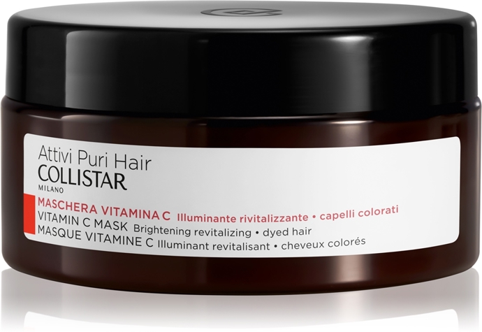 Rozjasňující maska s vitaminem C, která regeneruje vlasy, dodává jim hebkost, lesk a pomáhá udržet zářivou barvu. Ideální pro barvené, melírované i zesvětlené vlasy, které potřebují výživu a revitalizaci.Hair Vitamin C Mask Brightening Revitalizing, Collistar, Notino.cz, 574 Kč
