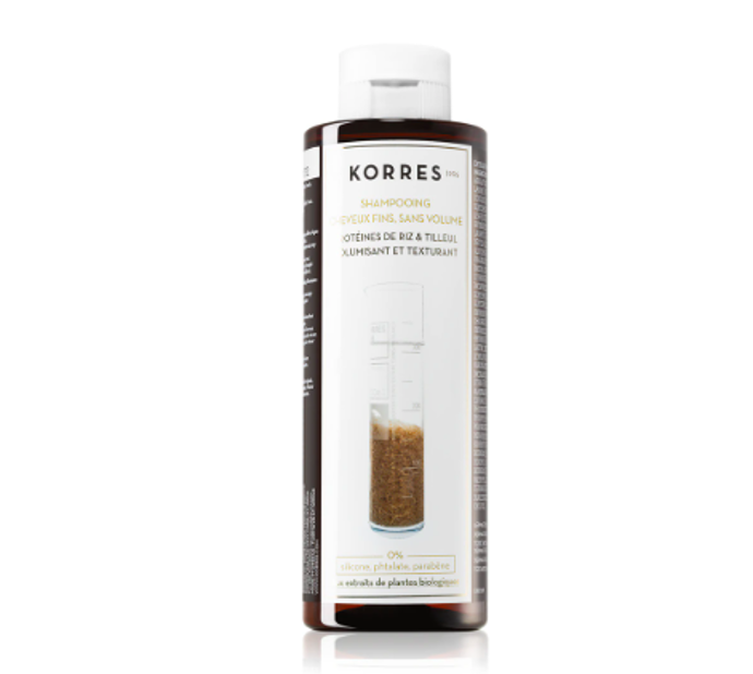  Šampon pro jemné vlasy Rice Protein & Linden, Korres, 256 Kč, prodává Notino.cz