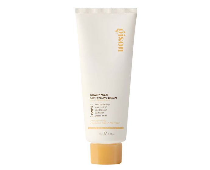 5v1 stylingový krém s medem Mirsalehi: tepelná ochrana do 230 °C, hydratace, lesk, anti-frizz a flexibilní fixace až na 3 dny. Pro foukané, vlnité i rovné styly.Honey Milk Styling Cream, Gisou, Sephora, 730 Kč