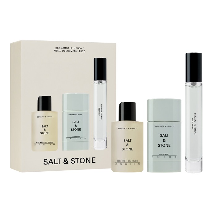  Testovací trio s vůní bergamotu a cypřišku hinoki, Salt and Stone, prodává Sephora, 690 Kč