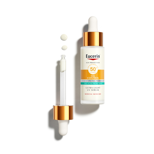 UV Sérum na opalování na obličej Oil Control SPF 50+, Eucerin, 899 Kč UV Sérum na opalování na obličej Oil Control SPF 50+, Eucerin, 899 Kč