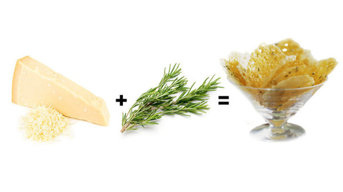 5. Sýrové chipsy s rozmarýnem. Chystáte filmový večer a rádi byste, aby měl grády? Upečte si frico, italské sýrové chipsy. Na silikonem potaženém plechu udělejte hromádky jemně nastrouhaného parmazánu s rozmarýnem. Pečte při 190 °C asi pět minut. Nechte je vychladnout, odlepte je a chroupejte jako bramborové lupínky.