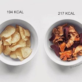 Kupujete si zeleninové chipsy s vírou, že do sebe nenasoukáte tolik kalorií jako při konzumaci solených chipsů? Pak vás tato fotka nejspíš zklame…