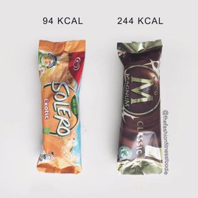 Mýtus č. 3: Štíhlá figura si nerozumí se sladkostmi. „Proč by ne, když si uhlídáte míru?“ táže se blogerka. Střídmost ale nemusí nutně znamenat, že sladkého sníte méně, jak ukazuje fotografie výše. Dvě stejně velké zmrzliny, jeden propastný rozdíl v počtu kalorií.