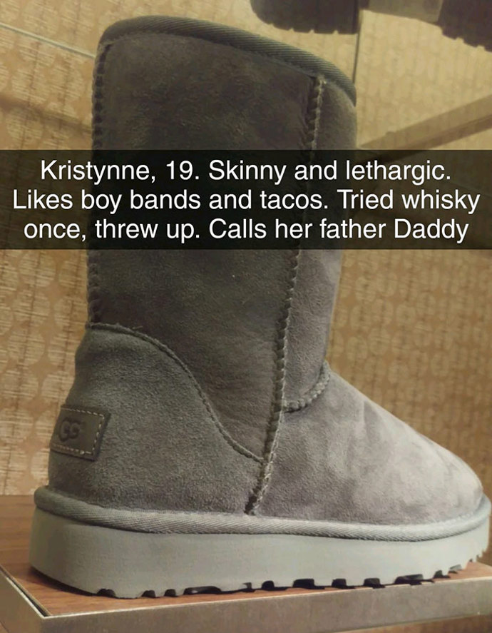 3. „Kristynne, 19. Hubená a otupělá. Má ráda chlapecké kapely a tacos. Jednou zkusila whisky a vylila ji. Svému otci říká ,taťko‘.“