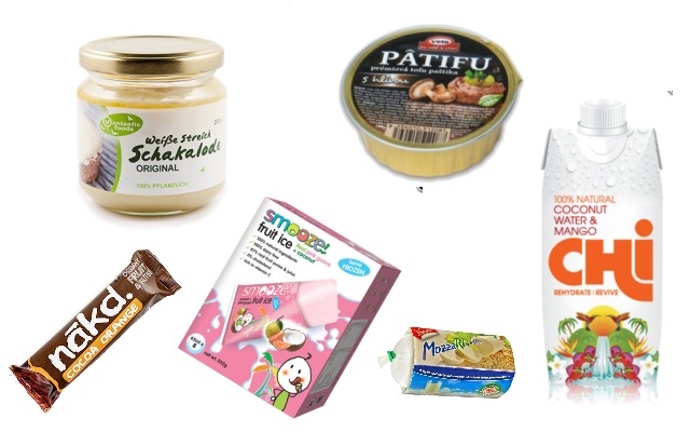 16. Veganské hody. Zleva: NAKD - tyčinka kakao a pomeranč, Schakalode - bílá čokoládová pomazánka, SMOOZE Fruit Ice - zmrzlina guave a kokos, PATIFU - tofu paštika s hlívou, Mozzarisella - alternativa k mozzarelle, CHI mango - kokosová voda, Vše k zakoupení na Veganfoods.cz.