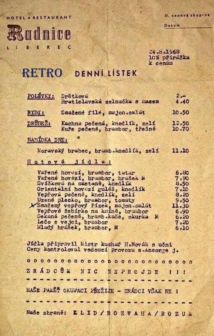 Jídelní lístek z roku 1968