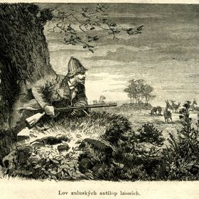 Emil Holub na lovu antilop. Ilustrace z prvního vydání cestopisu Sedm let v jižní Africe (1880-81).