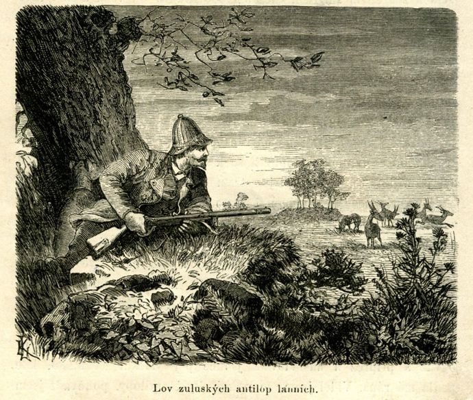 Emil Holub na lovu antilop. Ilustrace z prvního vydání cestopisu Sedm let v jižní Africe (1880-81).
