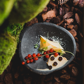 Tvarůžek, sýrový papír, křen, rybíz.