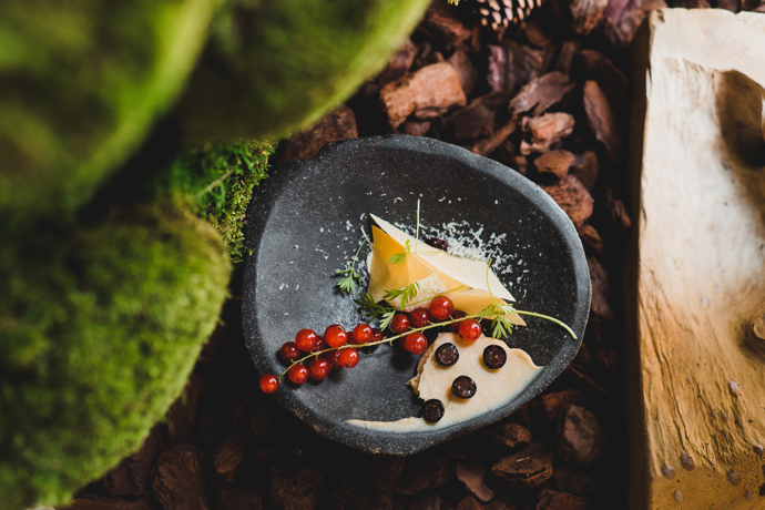 Tvarůžek, sýrový papír, křen, rybíz.