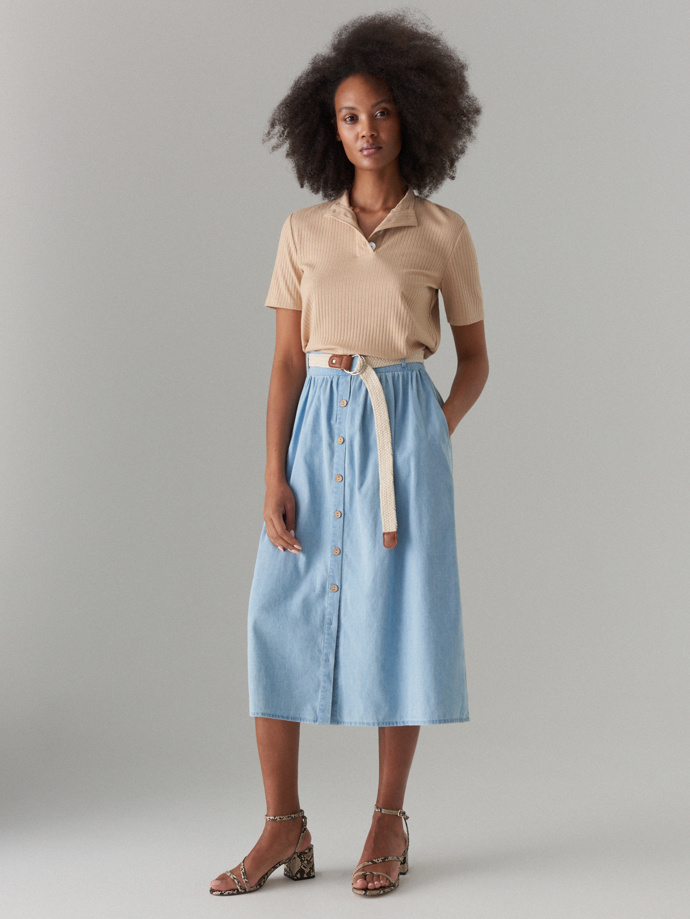 Midi sukně s vysokým pasem, dřevěnými knoflíky a páskem, Mohito, 799 Kč