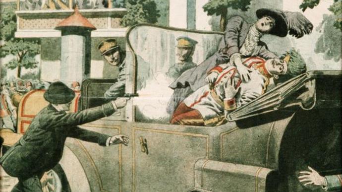 Vyobrazení střelby na následníka trůnu Františka Ferdinanda.