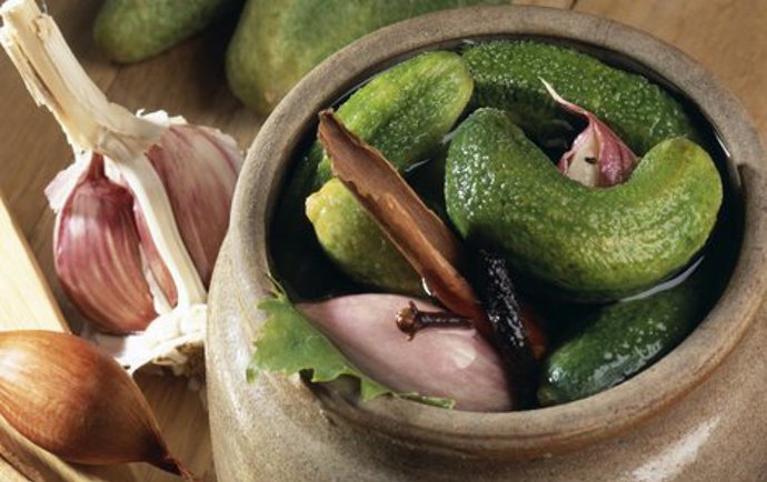 Česnekové nakládané okurky:

Suroviny:

kopr,
feferonka,
2  kg okurek,
5  ks cibule,
4  ks česneku,
0,5  l octu.

Nálev:

125  dl vody,
22  ks sacharínu,
1  sklenice cukru. 

Postup:

Cibuli oloupeme,nakrájíme na kolečka, česnek rozebereme na stroužky a také oloupeme. Do sklenice skládáme okurky, prokládáme cibulí, česnekem, přidáme snítek kopru a kdo má rád ostré - 1 feferonku. Zalijeme vařícím nálevem a zavíčkujeme. Tyto okurky podáváme jako delikatesu.