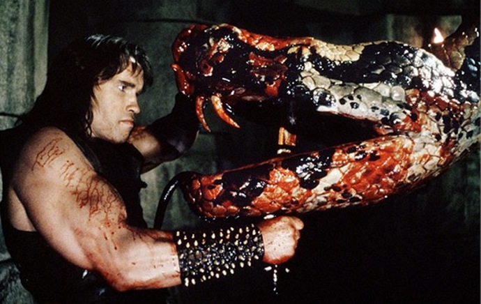 Při natáčení scény, kdy Conan utíká před vlky a má vylézt na skálu, jeden z nich Conana dostihne a strhne ho ze skály dolů. Arnold Schwarzenegger se při natáčení této scény zranil.