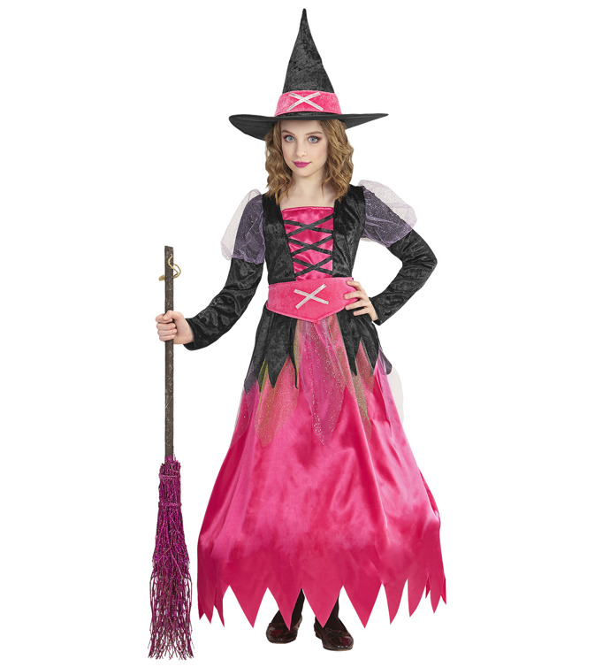 Růžová čarodějnice se bude na vaší holčičce vyjímat. Koště a klobouk jsou samozřejmě nutností.