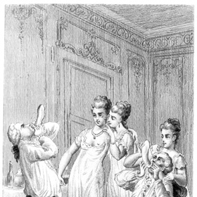 Proslul jako svůdník mnoha žen a dodnes je přímo symbolem donchuánství; na této dobové rytině zkouší kvalitu kondomu